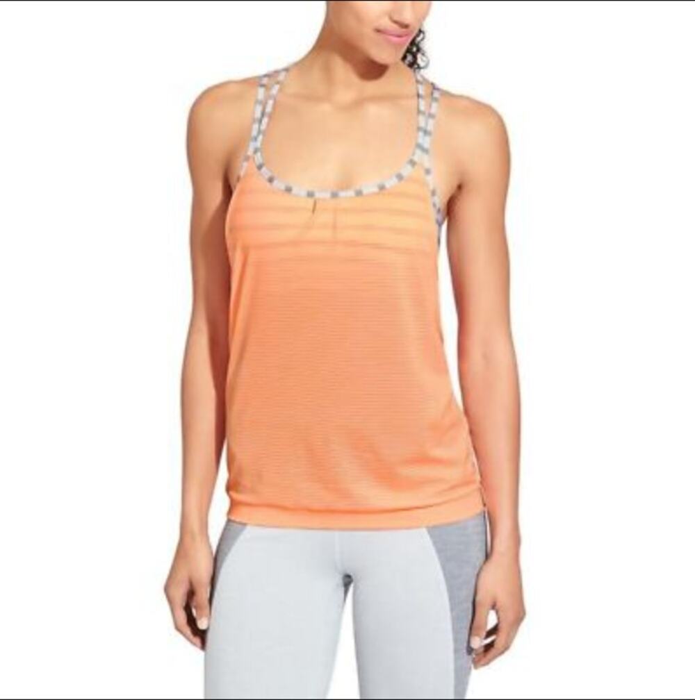 Athleta Tank Top Womens Large Hyper Stripe Energize Orange Gray Built-In Bra